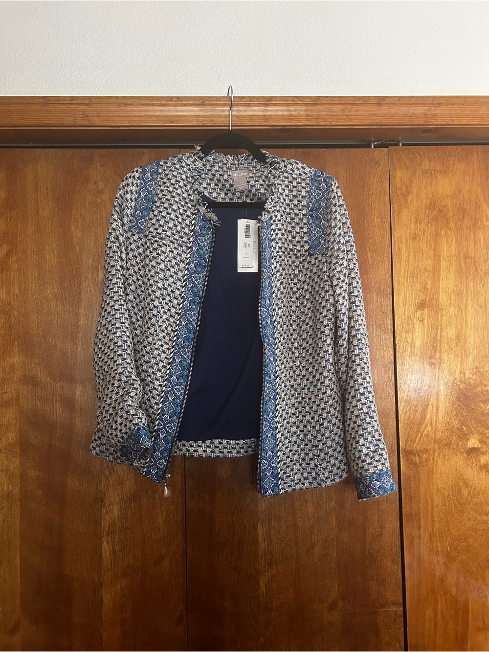 Chico's Navy and White Textured Open Jacket with Blue Trim
